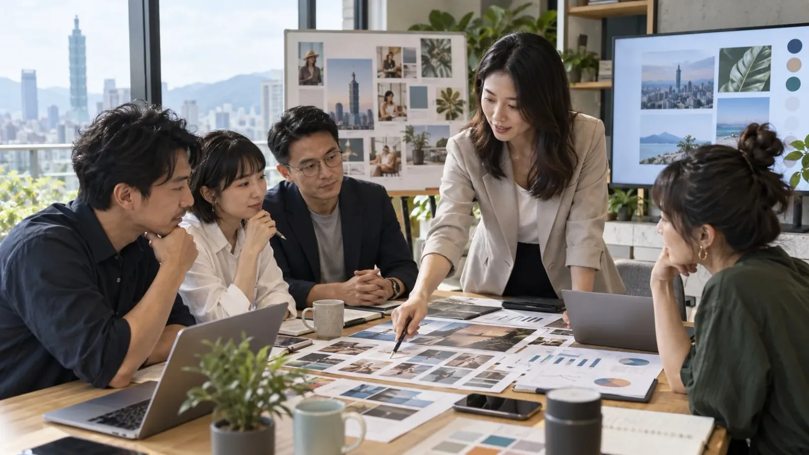 台北企業團隊與廣告代理商討論媒體策略與創意提案