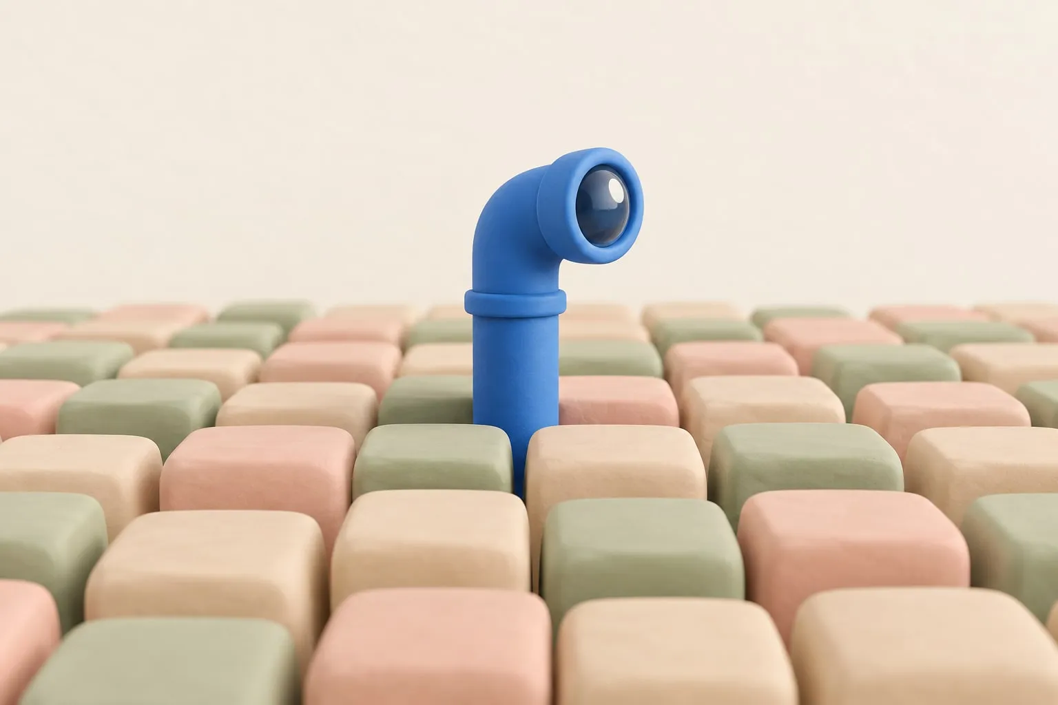 藍色潛望鏡從整片相同的方塊中升起,象徵提升品牌在 AI 搜尋中的能見度