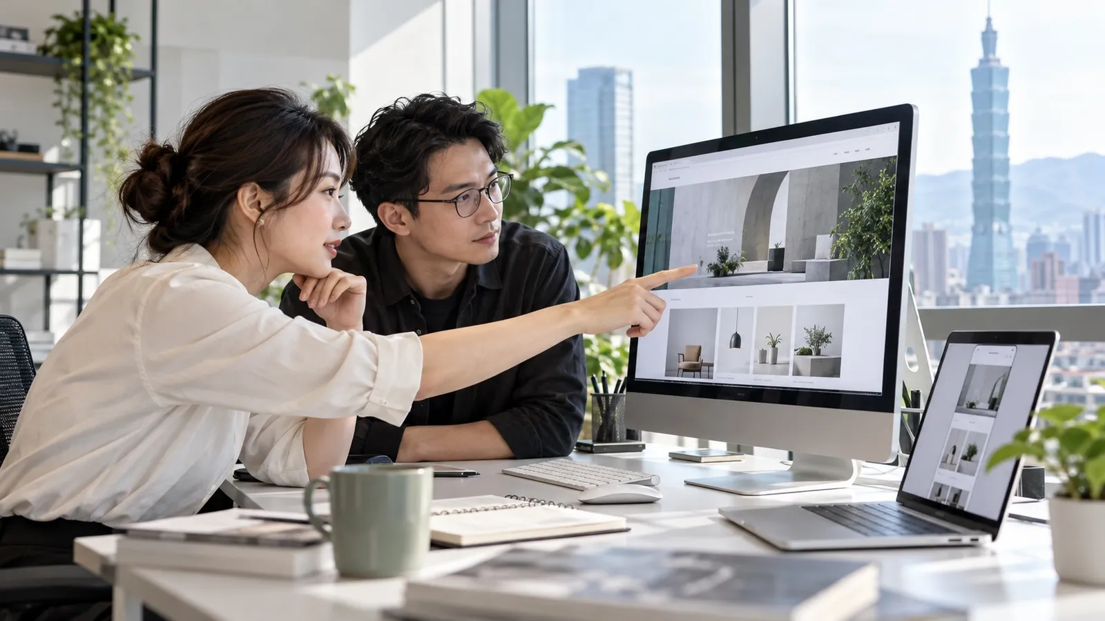 企業與網頁設計團隊檢視桌面與行動網站的 AI 生成情境示意圖