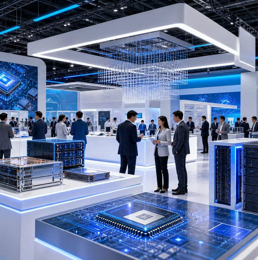 AI 科技展會中的運算硬體與 B2B 品牌交流示意圖