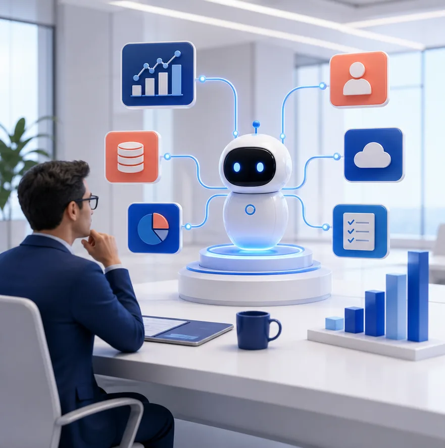 企業 AI Agent 協調工具資料與自動化流程的示意圖